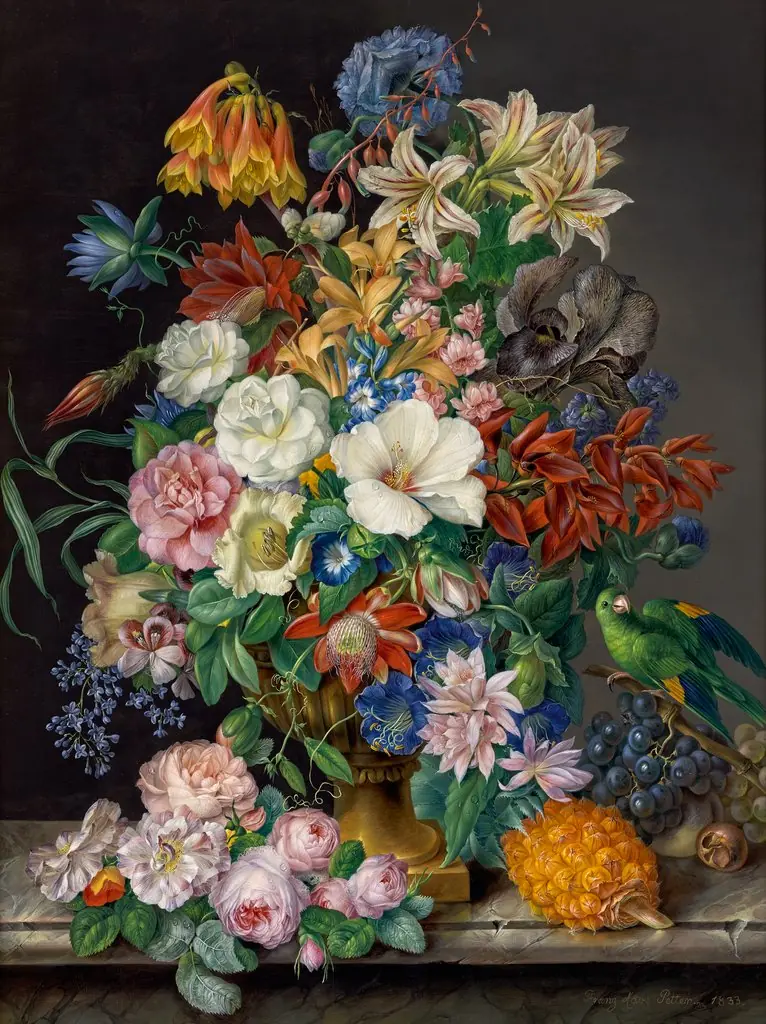 Floral Piece with Pineapple, Grapes and Parrot, by Franz Xaver Petter, oil, 1833
