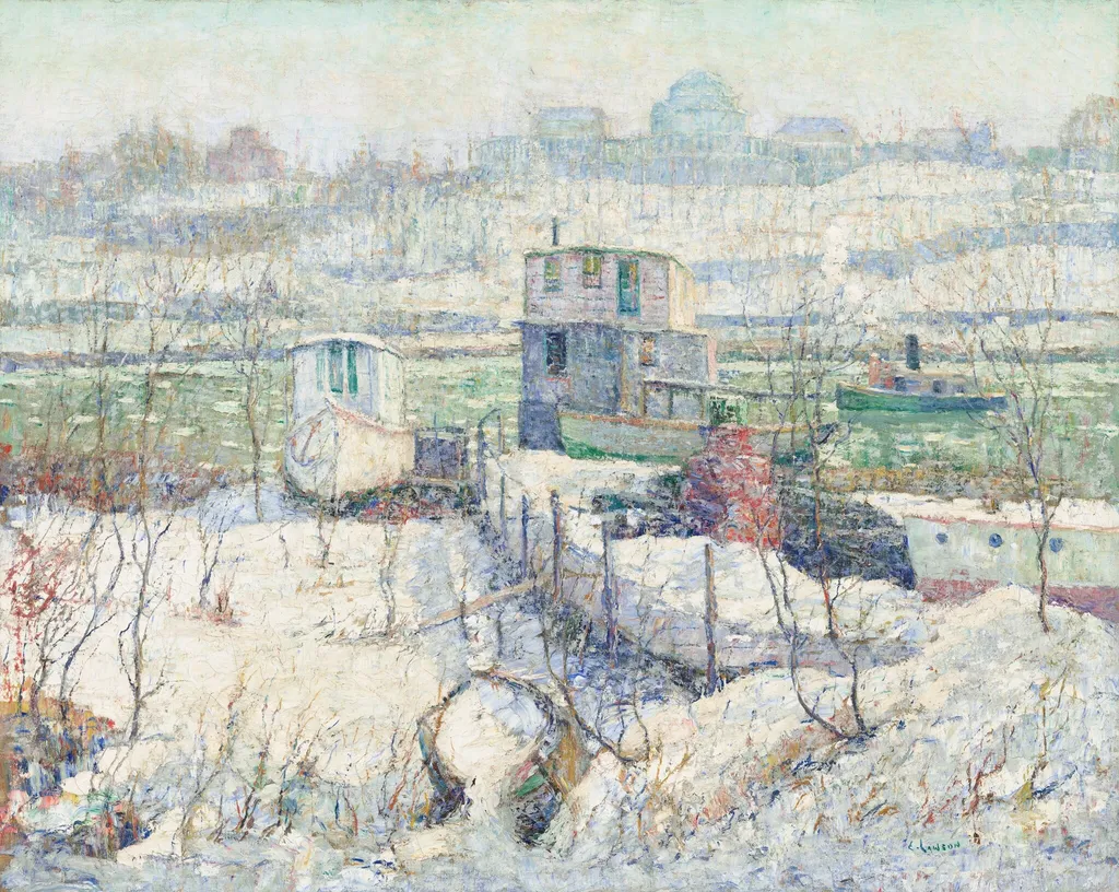 Boathouse, Winter, Harlem River, by Ernest Lawson, oil, 1916