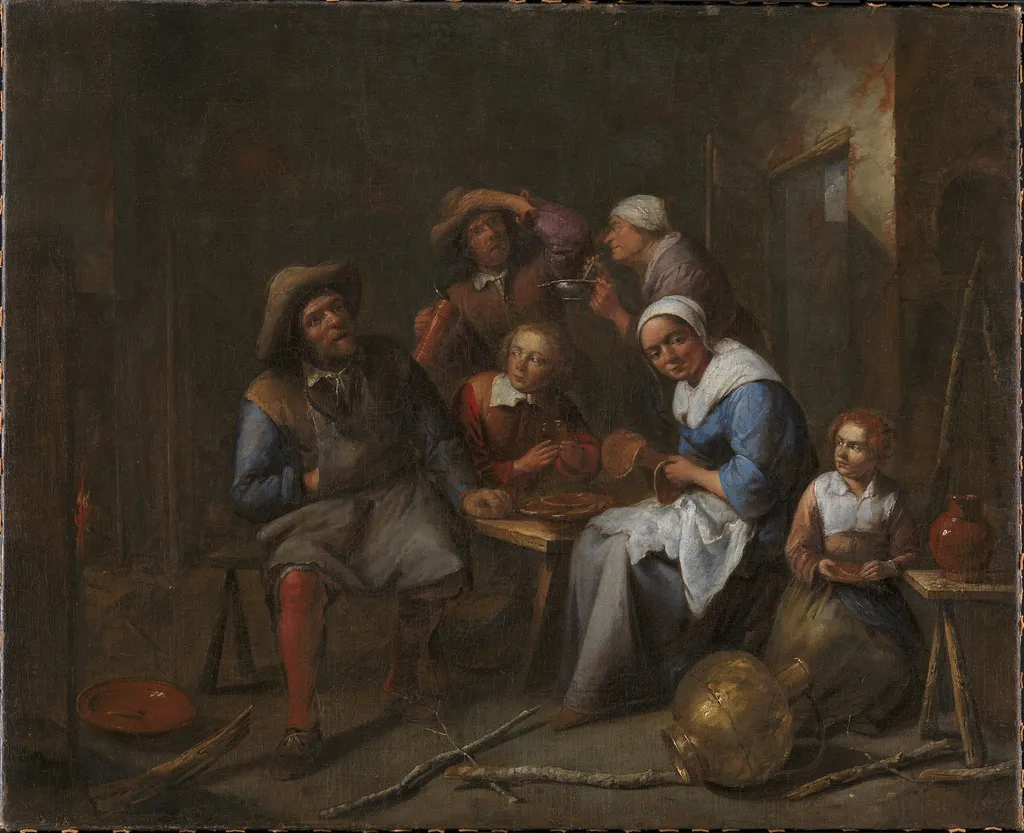 Et interiør med håndværkere og bønder der spiser og drikker, by Gillis van Tilborgh, oil, 1659