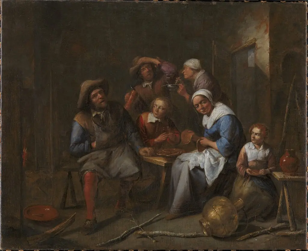 Et interiør med håndværkere og bønder der spiser og drikker, by Gillis van Tilborgh, oil, 1659