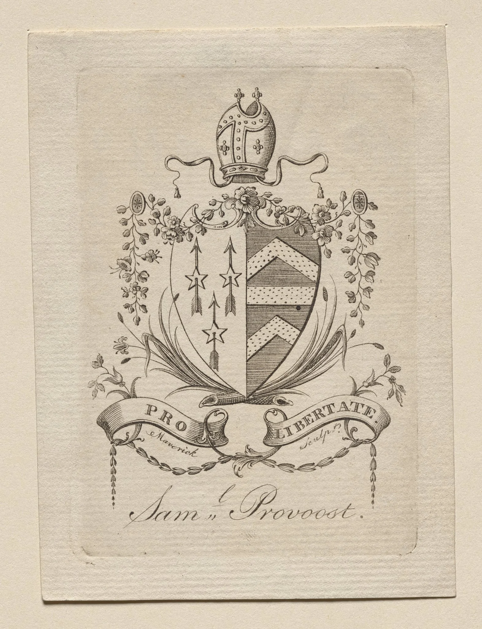 Bookplate: Coat of Arms with Sam'l Provoost inscribed below, detail