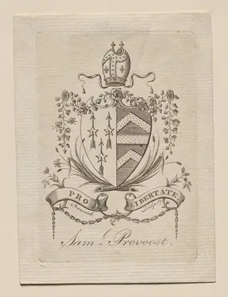 Bookplate:  Coat of Arms with Sam'l Provoost inscribed below, by Peter Rushton Maverick, 1793