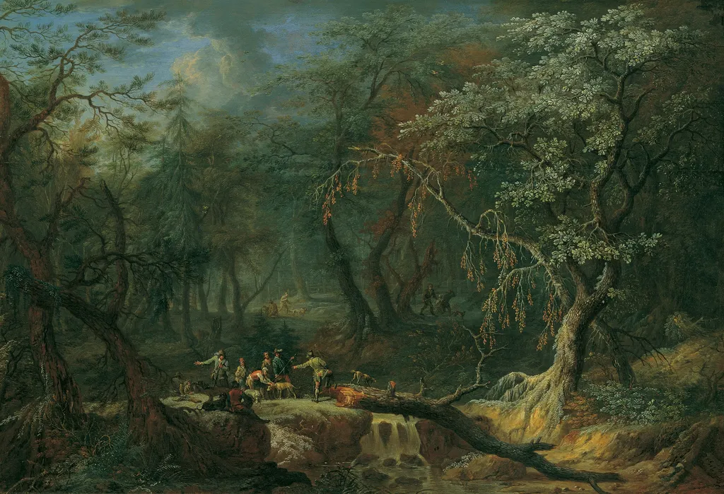 Waldlandschaft mit gestürztem Baum und Jägern, by Franz Christoph Janneck, oil, 1742