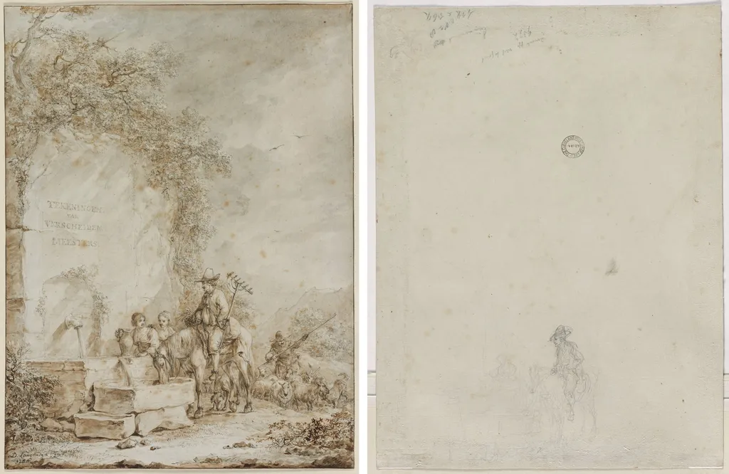 Frontispiece for an Album of Drawings: Peasants at a Fountain (recto); Sketch of Peasants at a Fountain (verso), by Dirk Langendijk, 1784