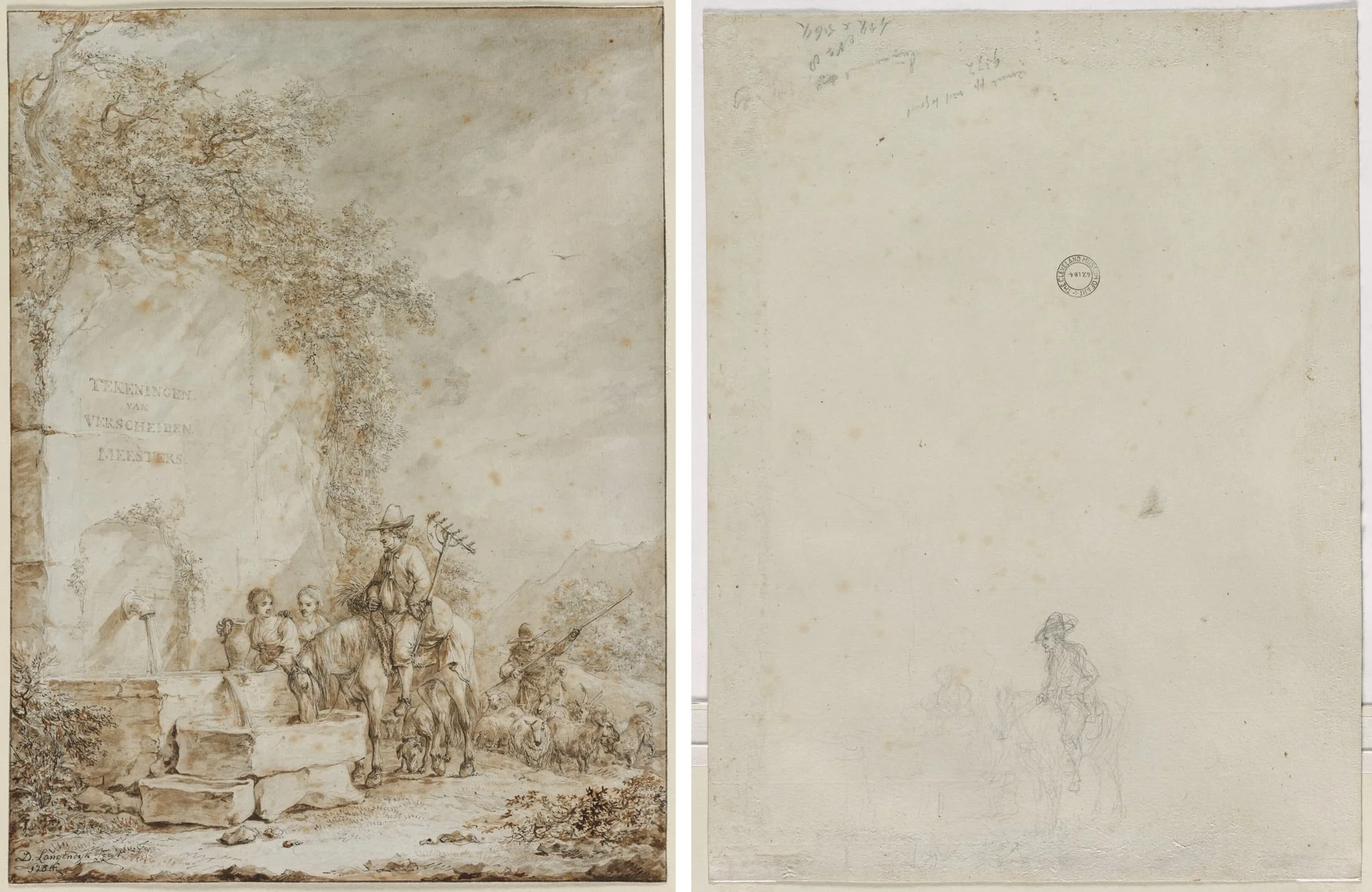 Frontispiece for an Album of Drawings: Peasants at a Fountain (recto); Sketch of Peasants at a Fountain (verso), detail