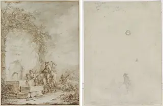 Frontispiece for an Album of Drawings: Peasants at a Fountain (recto); Sketch of Peasants at a Fountain (verso), by Dirk Langendijk, 1784