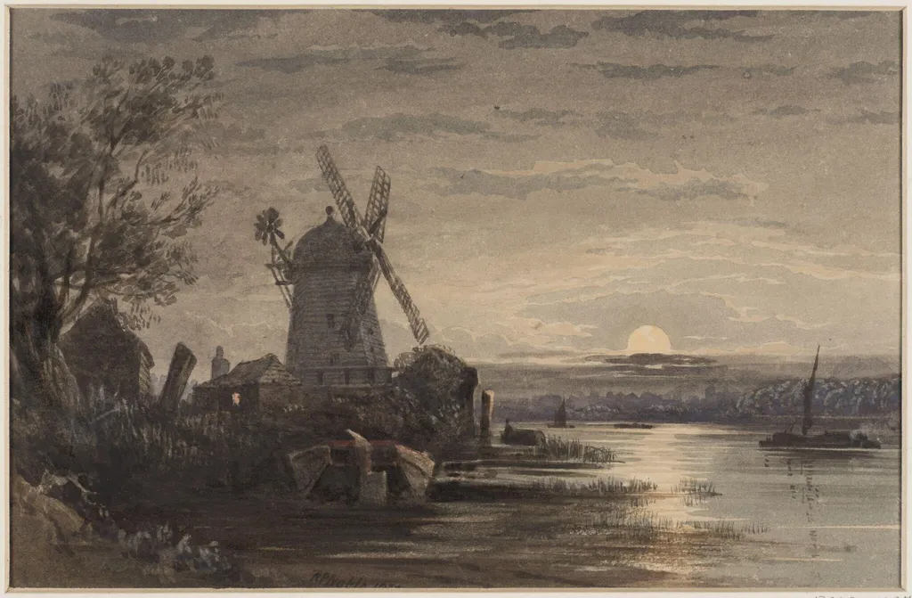 Moonlight scene with a windmill by a river, by R. P. Noble, 1838