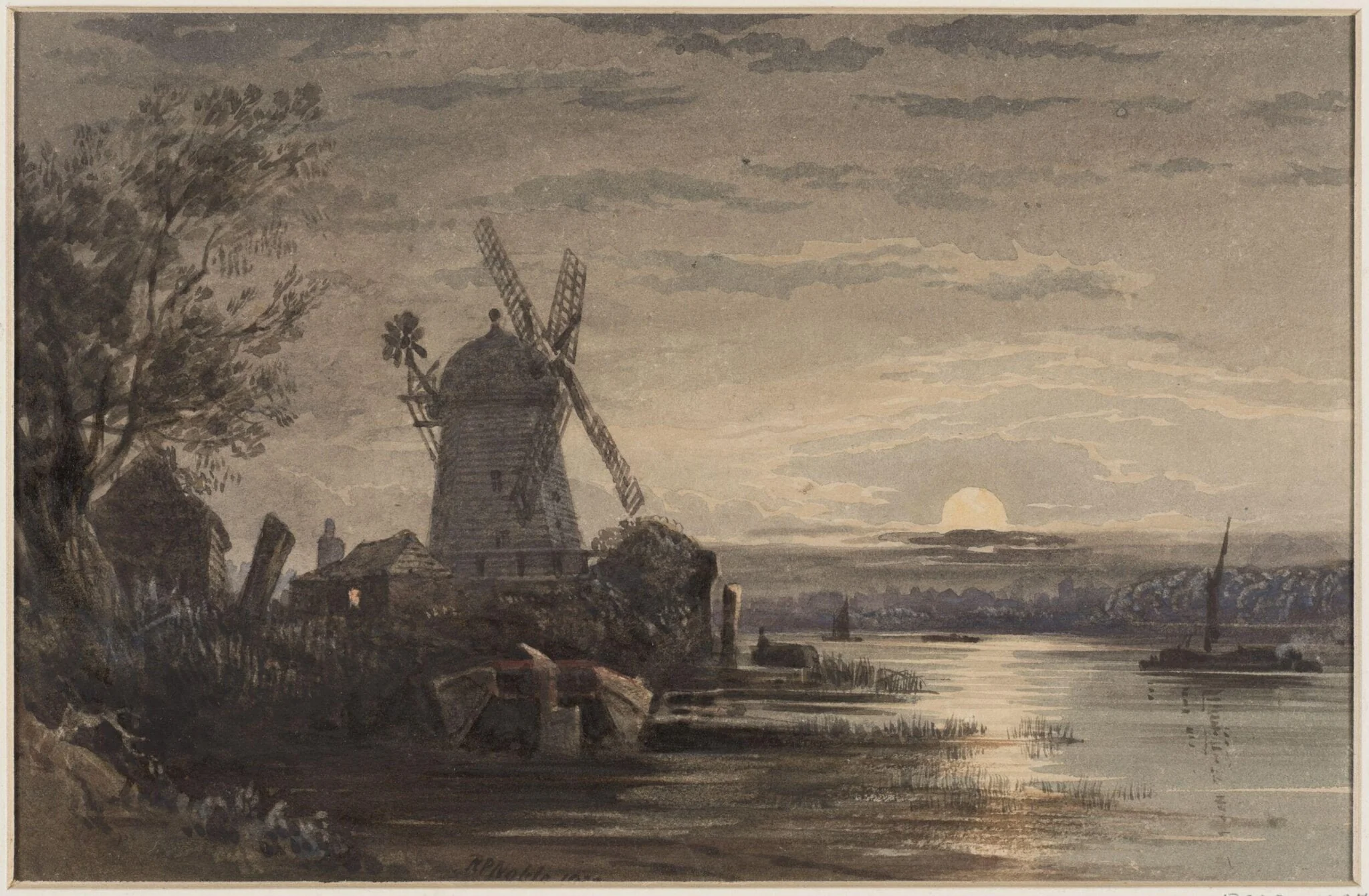 Moonlight scene with a windmill by a river, detail