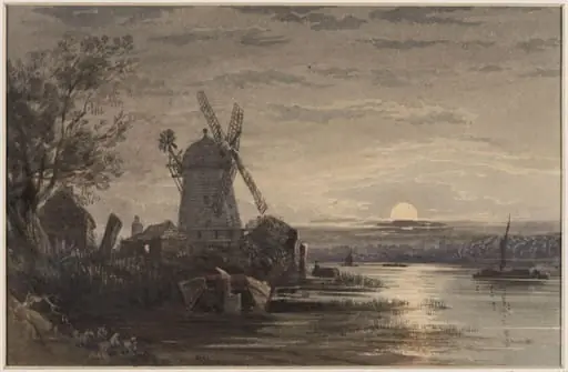 Moonlight scene with a windmill by a river, by R. P. Noble, 1838