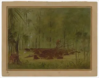 A Fight with Peccaries - Caribbe, by George Catlin, oil, 1862