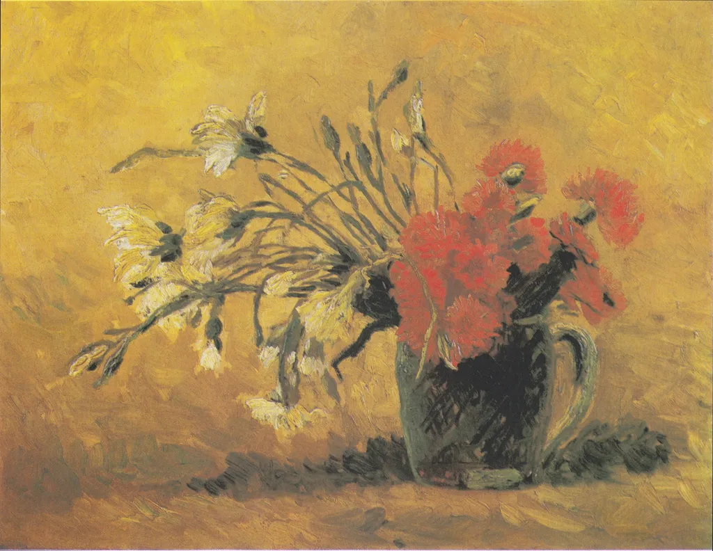 Vase with red and white carnation on a yellow background, by Vincent van Gogh, oil