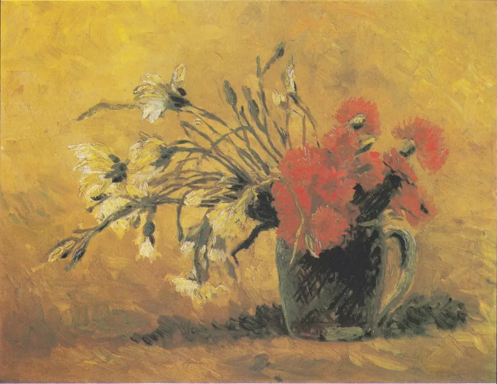 Vase with red and white carnation on a yellow background, by Vincent van Gogh, oil