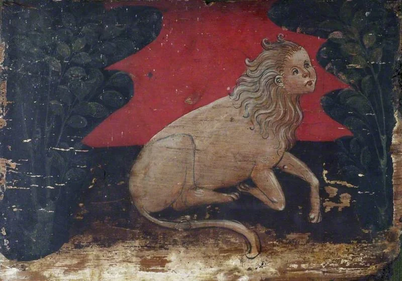 A Human-Headed Lion in a Landscape (panel from a painted ceiling), detail