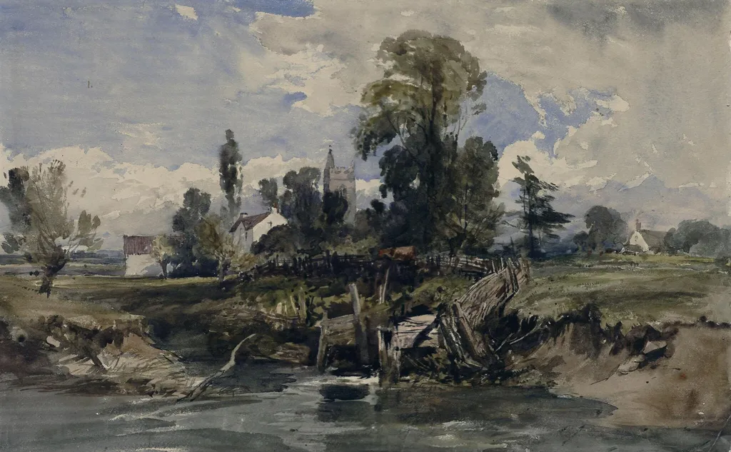 Landscape; with church and houses, by Muller, watercolor, 1850