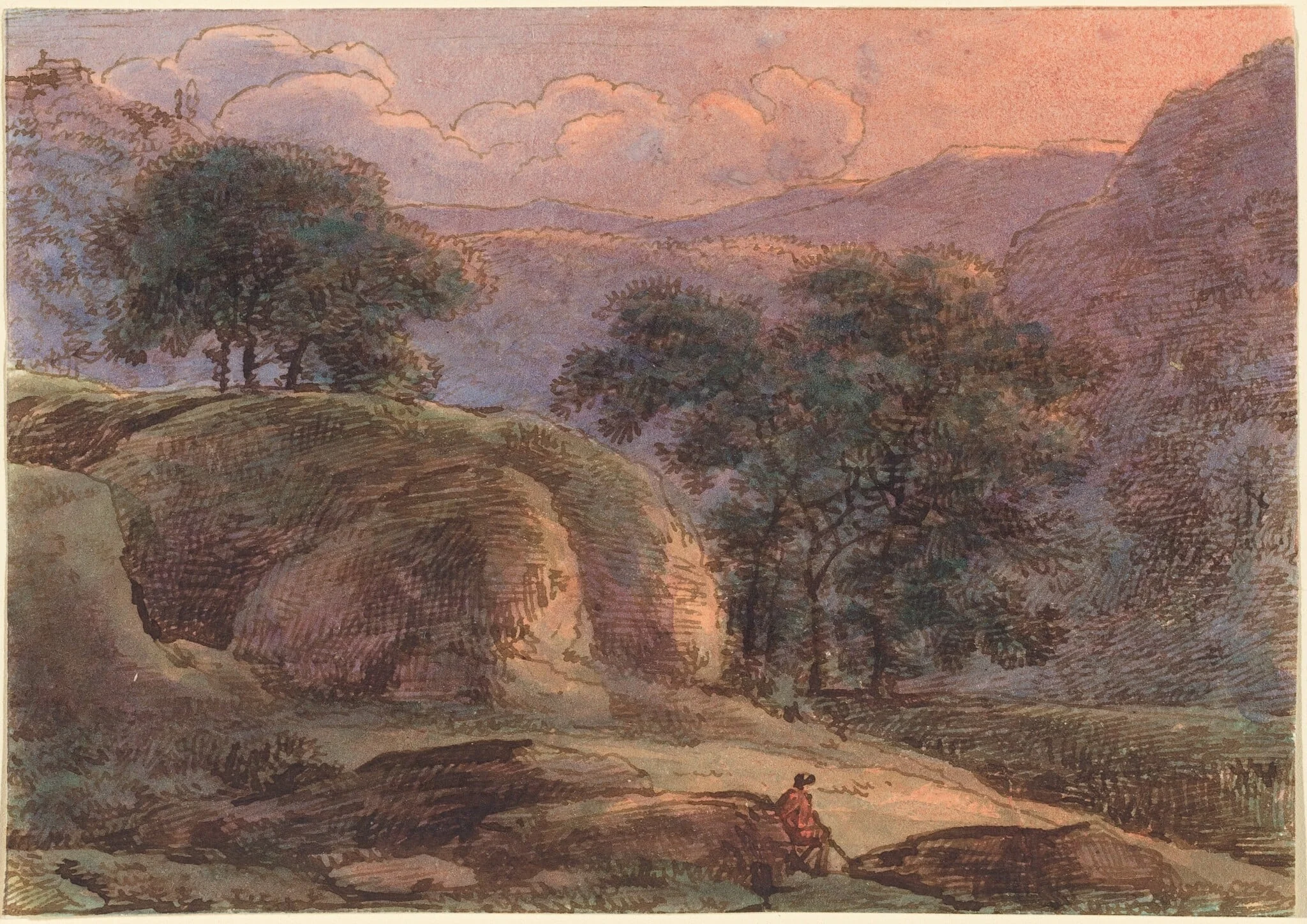 Traveler in a Mountainous Landscape at Sunset, detail