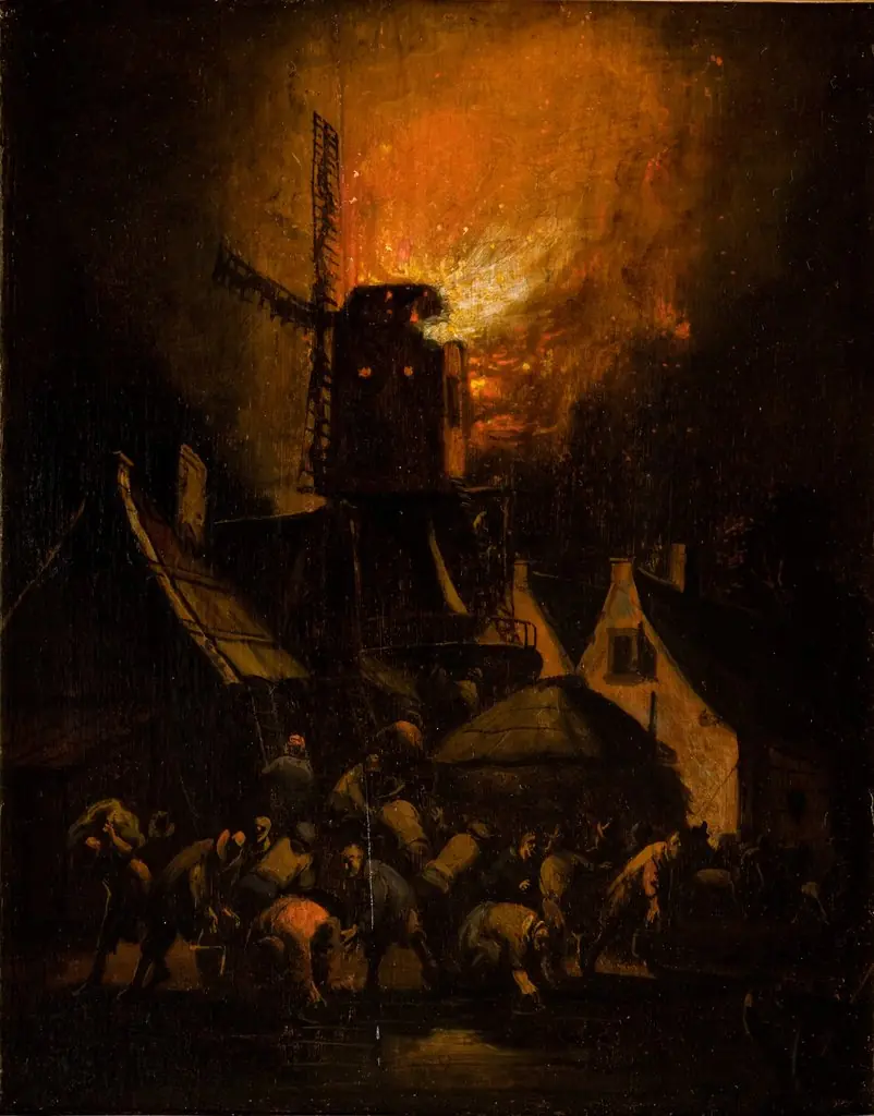 Windmill Fire, by Egbert van der Poel, oil, 1650