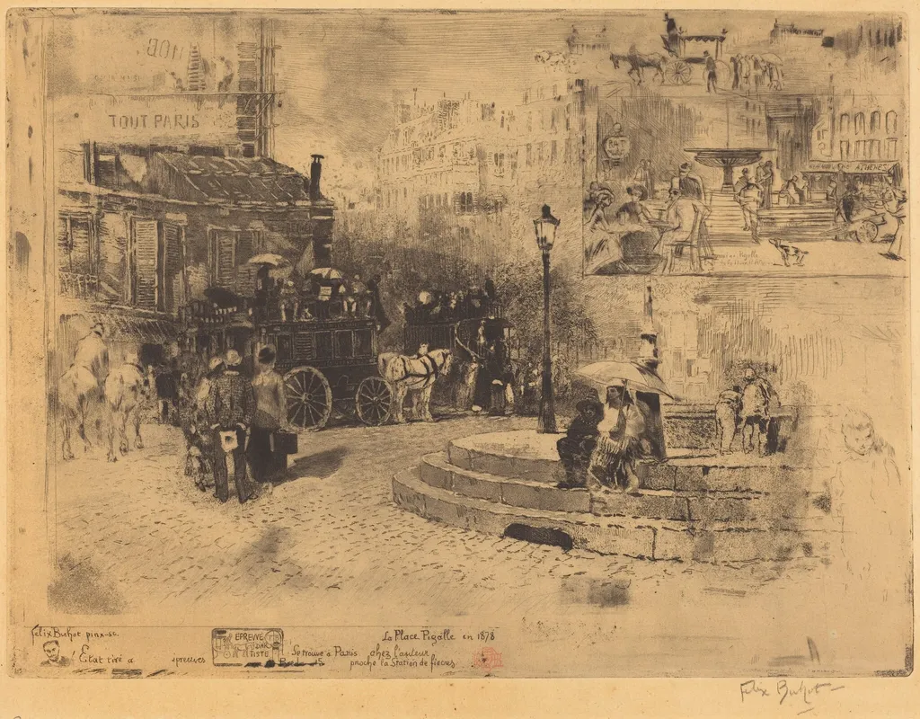 La Place Pigalle en 1878 (Place Pigalle in 1878), by Félix-Hilaire Buhot, ink, 1878