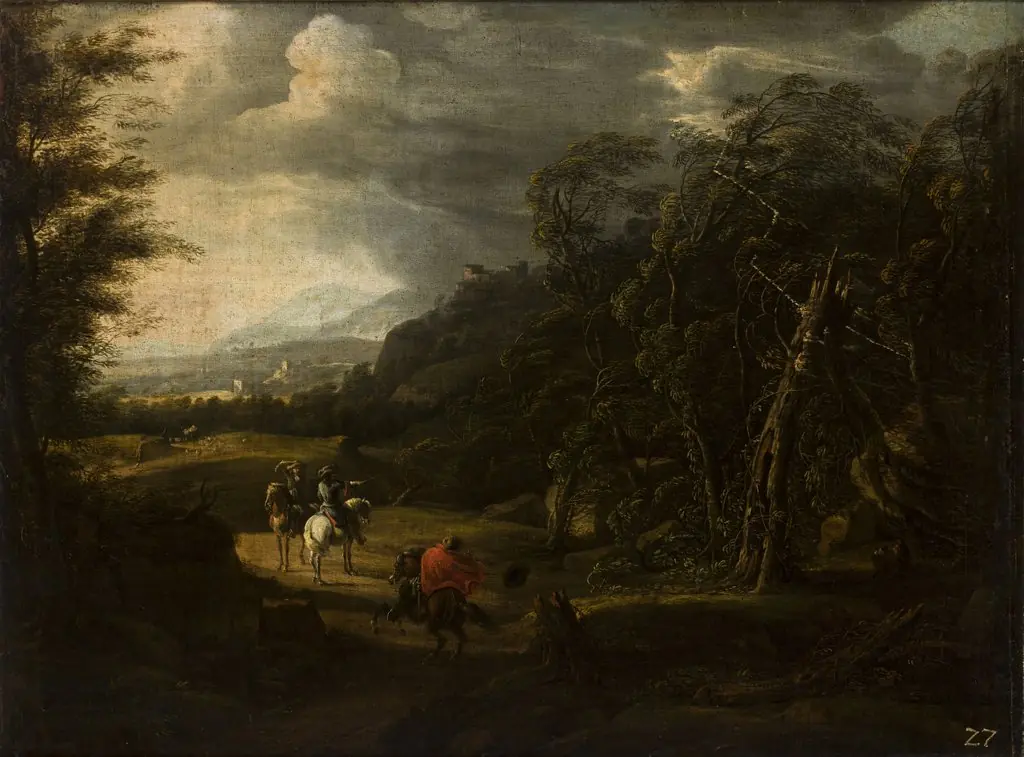 Landscape with Horsemen, by Willem van Bemmel, oil, 1679