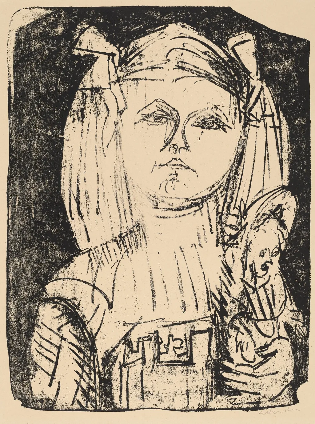 Young Girl with Doll, by Ernst Ludwig Kirchner, ink, 1916