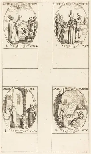 St. Remigius; St. Leodegarius; St. Gerard, Abbot; St. Francis of Assisi, by Jacques Callot, ink, 1634