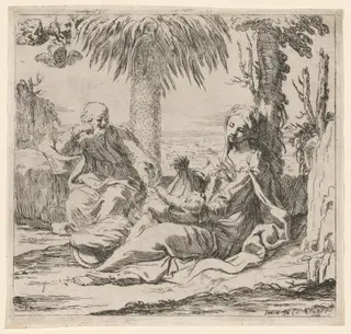 Rest on the Flight into Egypt, by Elisabetta Sirani, ink, 1660