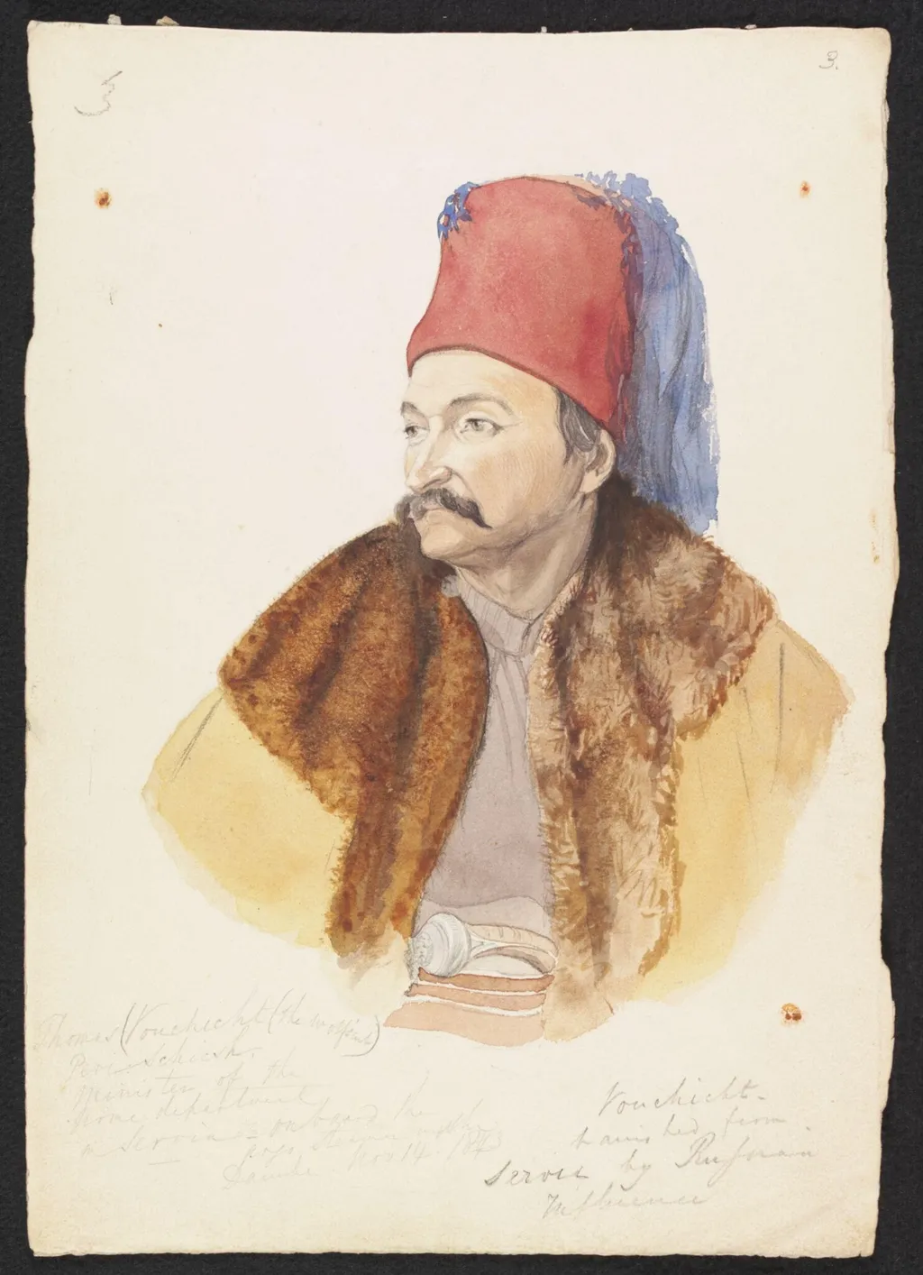 Thomas Vouchicht (the wolf's cub) Peri Schicsh, Minister of the home department in Servia, by Godfrey Thomas Vigne, watercolor, 1843