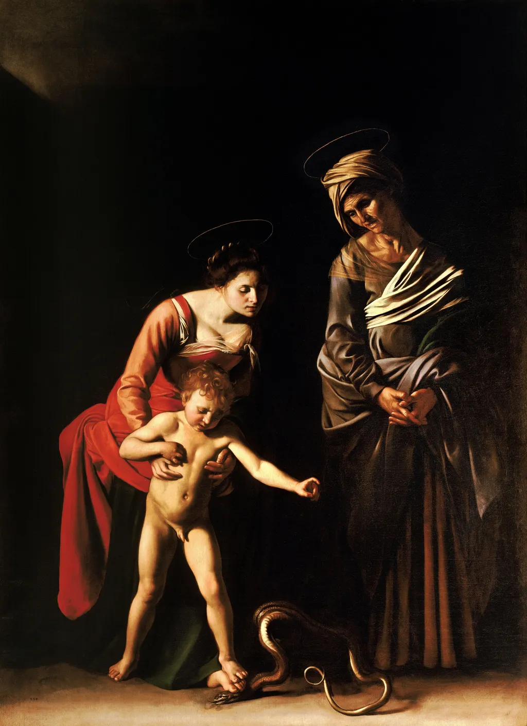 Madonna and Child with Saint Anne, by Caravaggio, oil, 1605