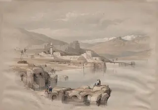 Tiberias, from the Walls, Safet in the Distance, by David Roberts, 1839