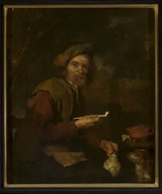 Smoker with a pipe and a pitcher in his hands, by Gabriel Metsu, oil, 1662