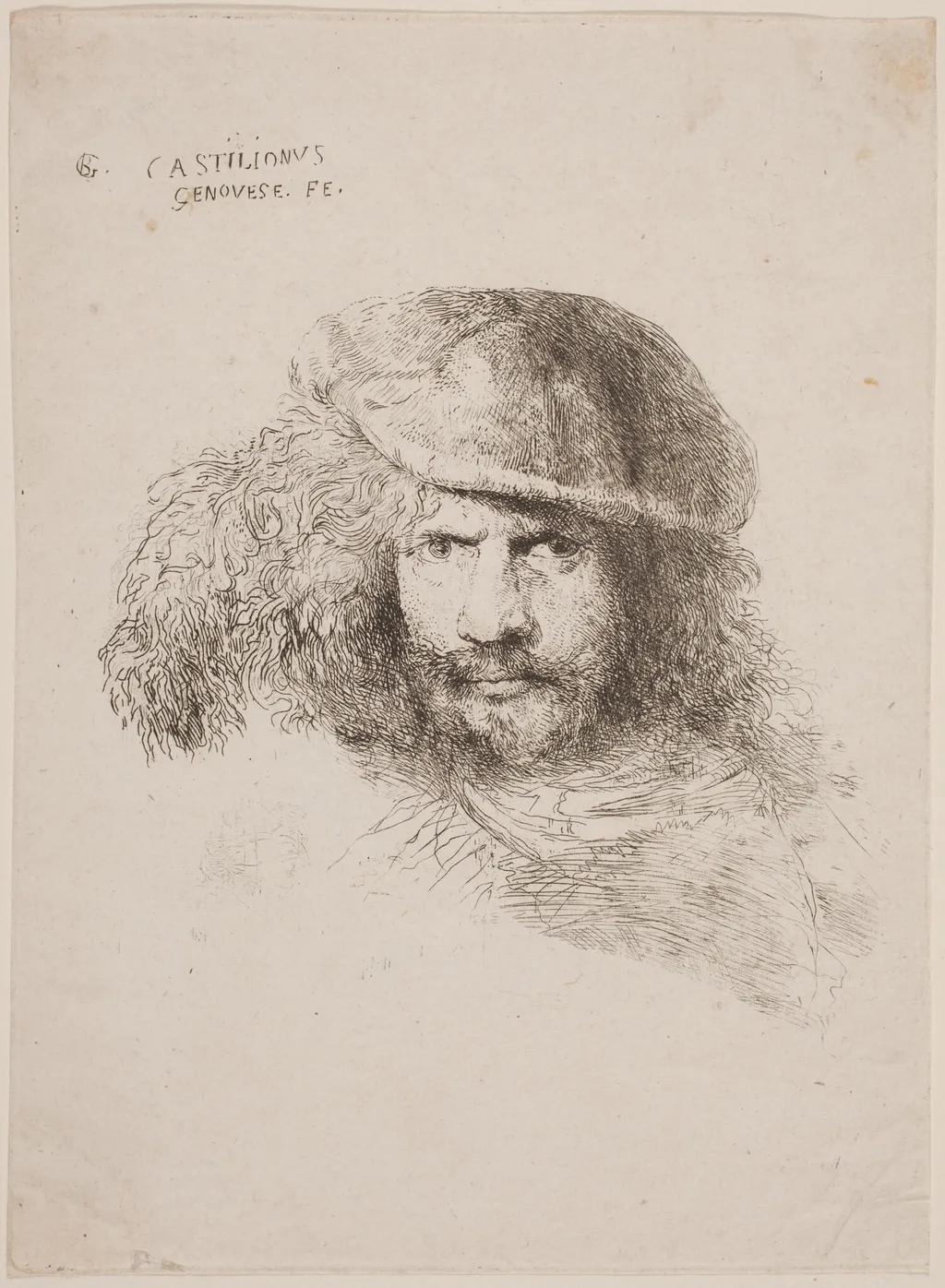 Head of a Young Man in a Feathered Hat (so-called Self-Portrait), by Giovanni Benedetto Castiglione, ink, 1646