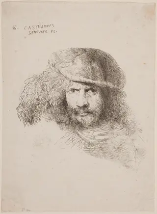 Head of a Young Man in a Feathered Hat (so-called Self-Portrait), by Giovanni Benedetto Castiglione, ink, 1646