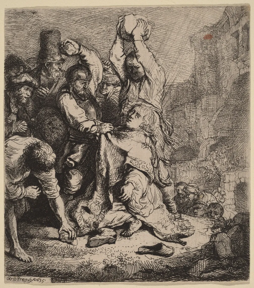 The Stoning of Saint Stephen, by Rembrandt van Rijn, ink, 1635