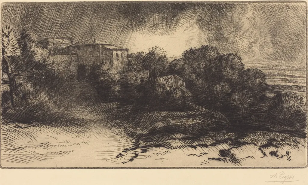 View of a Farm Seen in a Storm (La ferme de Brieux (Effet d'orage)), by Alphonse Legros, ink, 1874