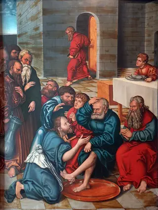 Cycle of Passion: Christ washing the feet of the apostles, by Lucas Cranach the Elder, paint, 1537