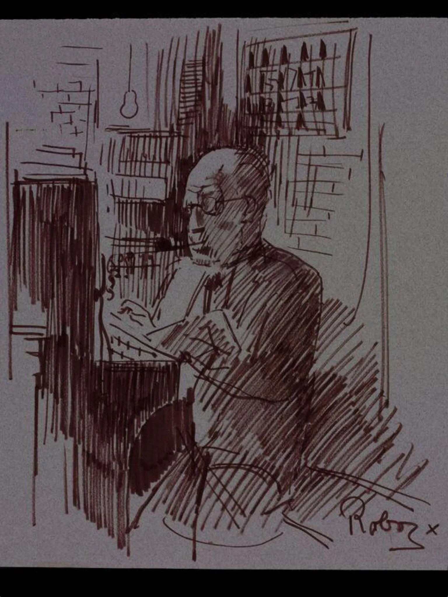Ben Fuller, telephonist and doorman at the Windmill Theatre, drawing by Zsuzsi Roboz, detail