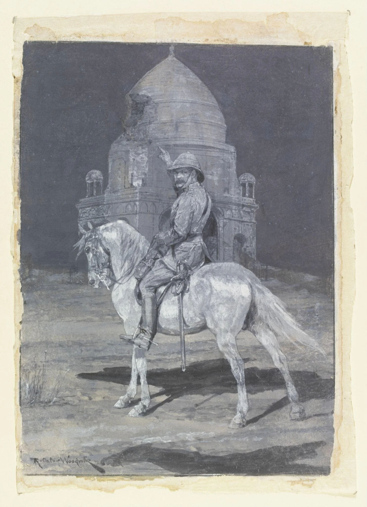 Lord Kitchener on horseback, pointing at the Mahdi's tomb at Omdurman, at night, detail