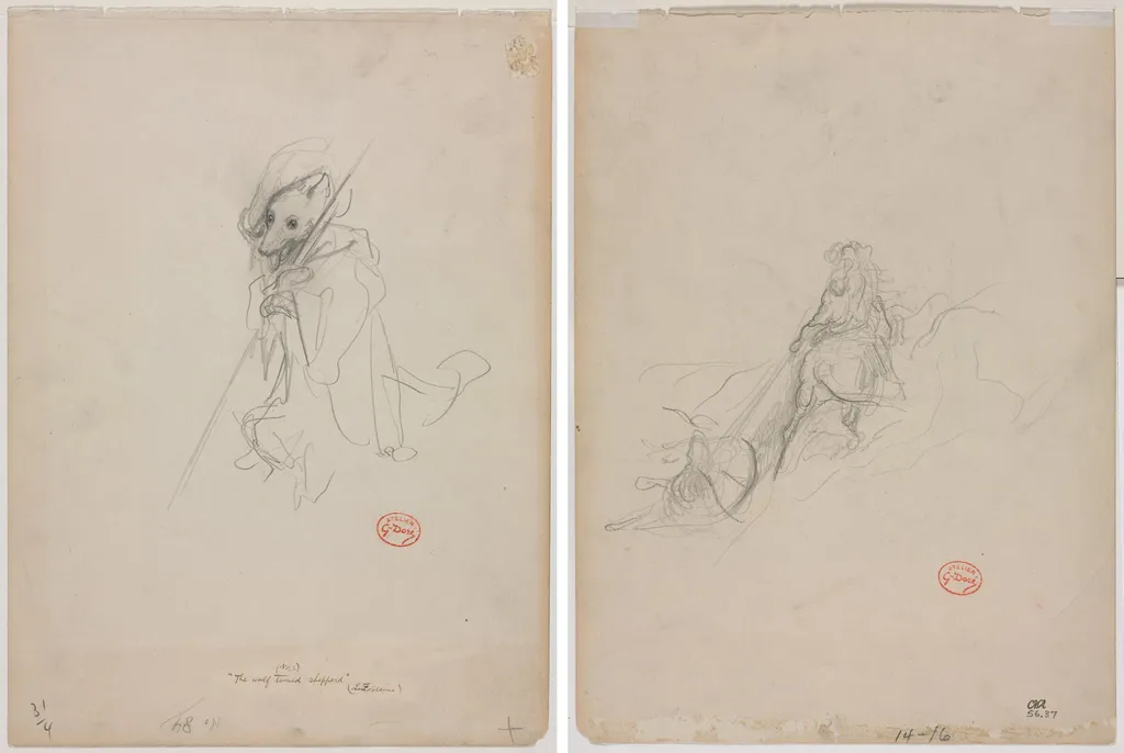 Sketch for "The Wolf Turned Shepherd" (recto) Sketch of Hunting Scene (verso), by Gustave Doré, 1868