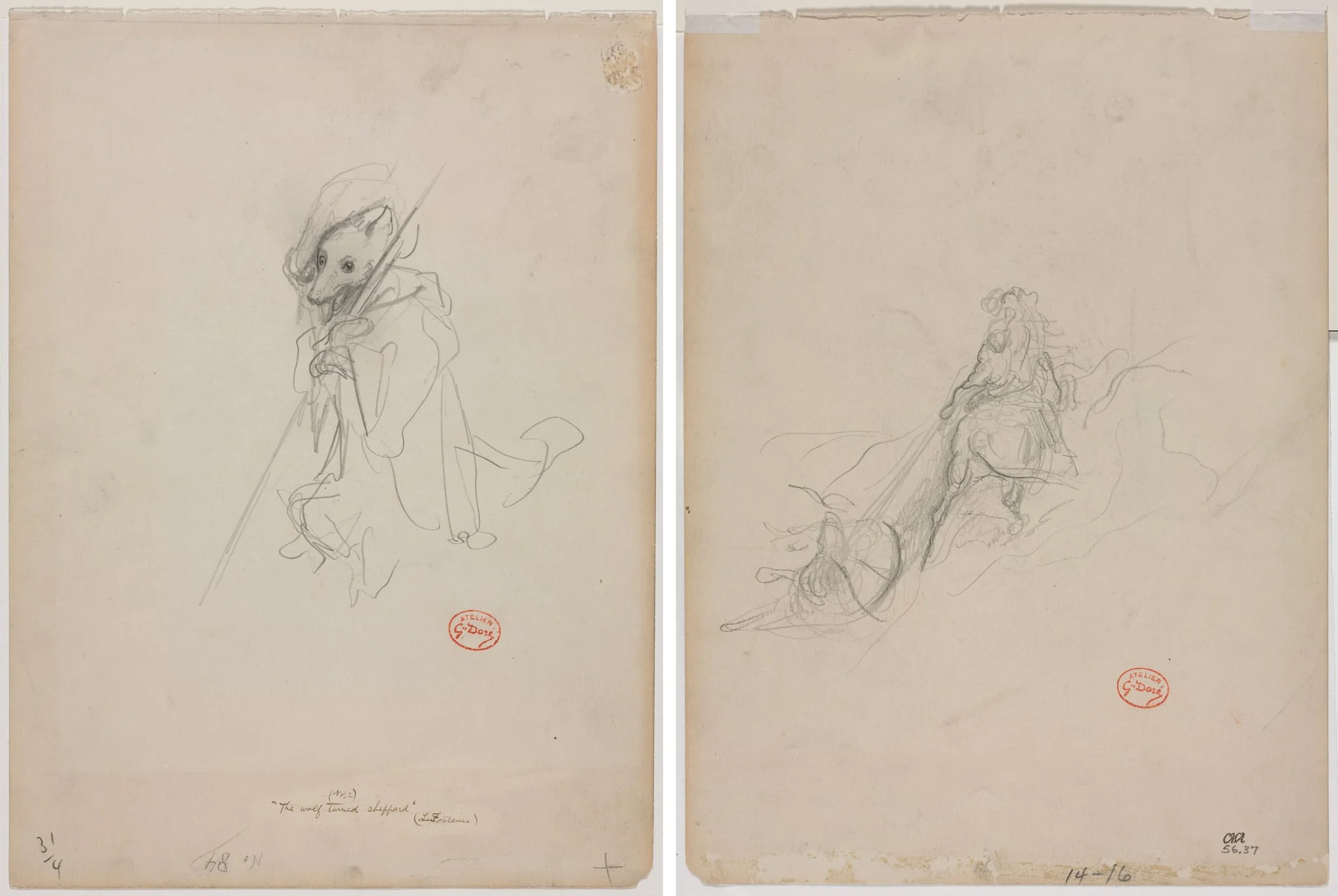 Sketch for "The Wolf Turned Shepherd" (recto) Sketch of Hunting Scene (verso), detail