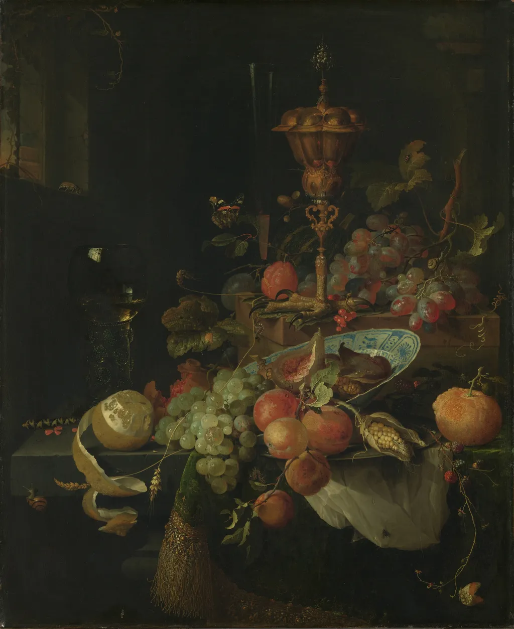 Still life with fruit and a beaker on a cock's foot, by Abraham Mignon, oil, 1669