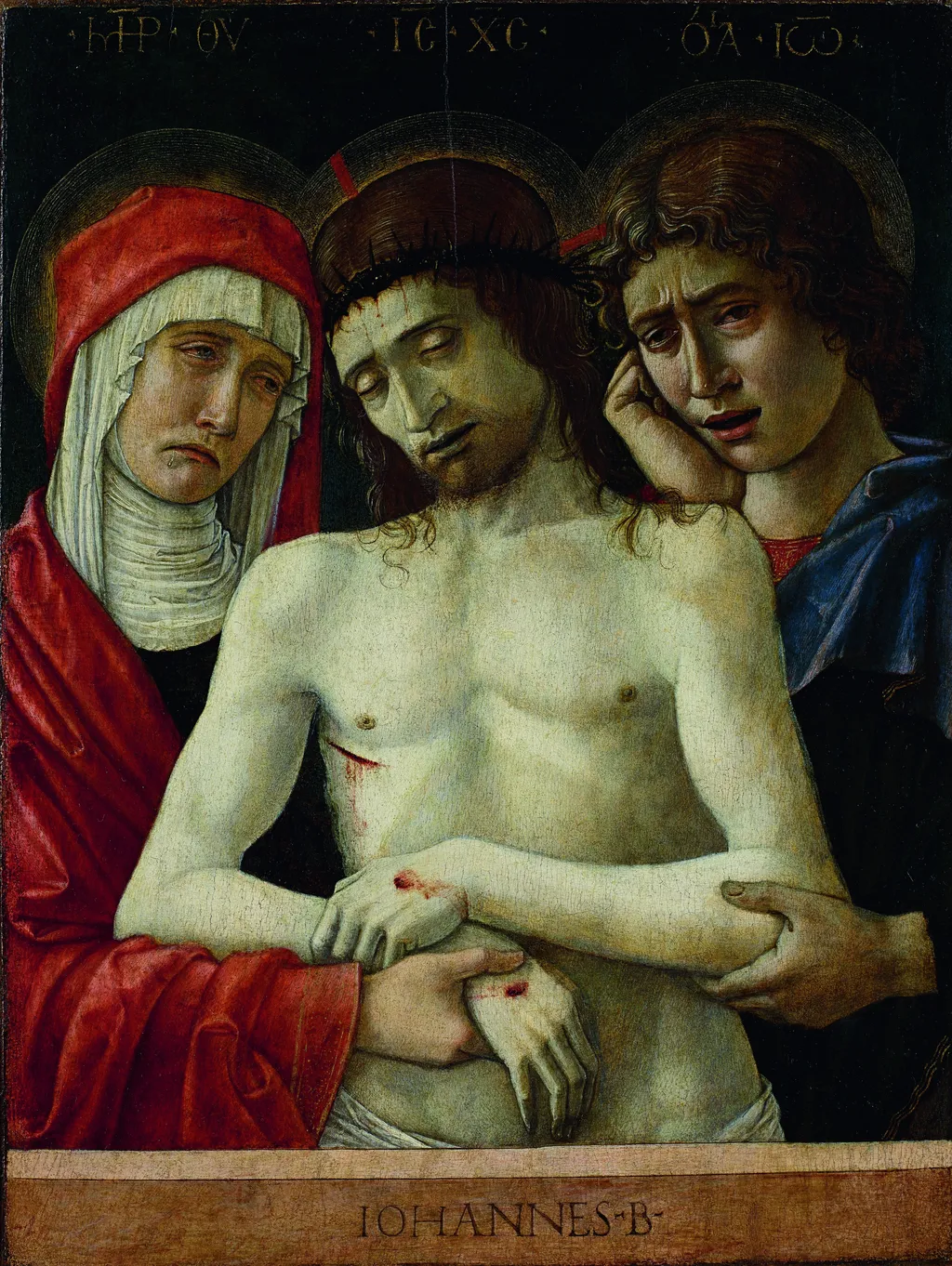 Pietà with Madonna and St. John the Evangelist, by Giovanni Bellini, tempera, 1455