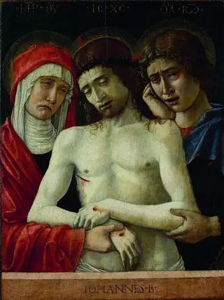 Pietà with Madonna and St. John the Evangelist, by Giovanni Bellini, tempera, 1455