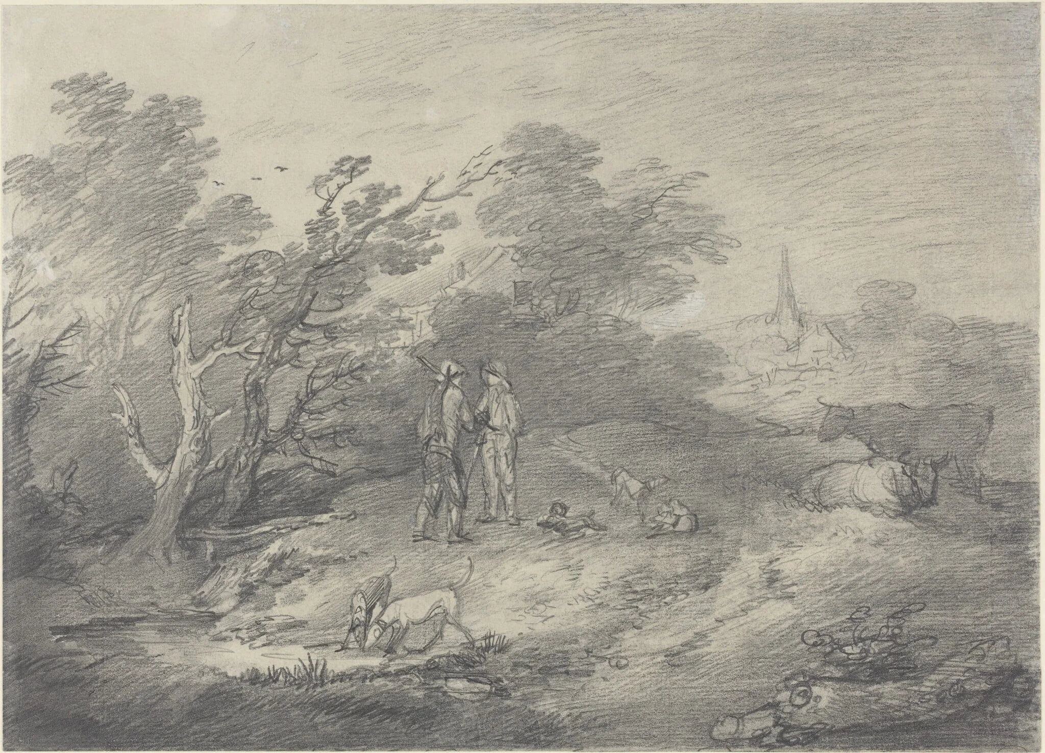 Woods Near a Village with Rabbit Catchers and Their Greyhounds, detail