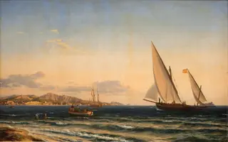 Aften ved Middelhavet. I baggrunden Marseille og øen If, by Emanuel Larsen, oil, 1854
