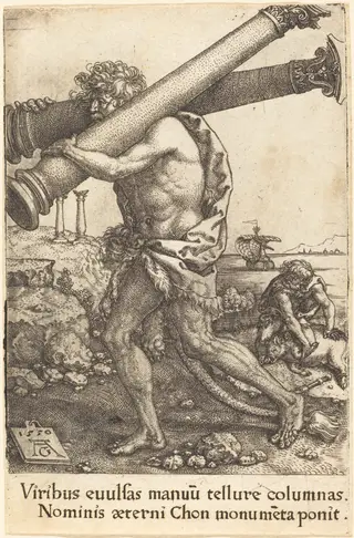 Hercules Carrying the Two Columns of Gaza, by Heinrich Aldegrever, 1550