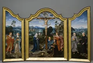 The Crucifixion with Saints and a Donor, by Joos van Cleve, oil, 1520