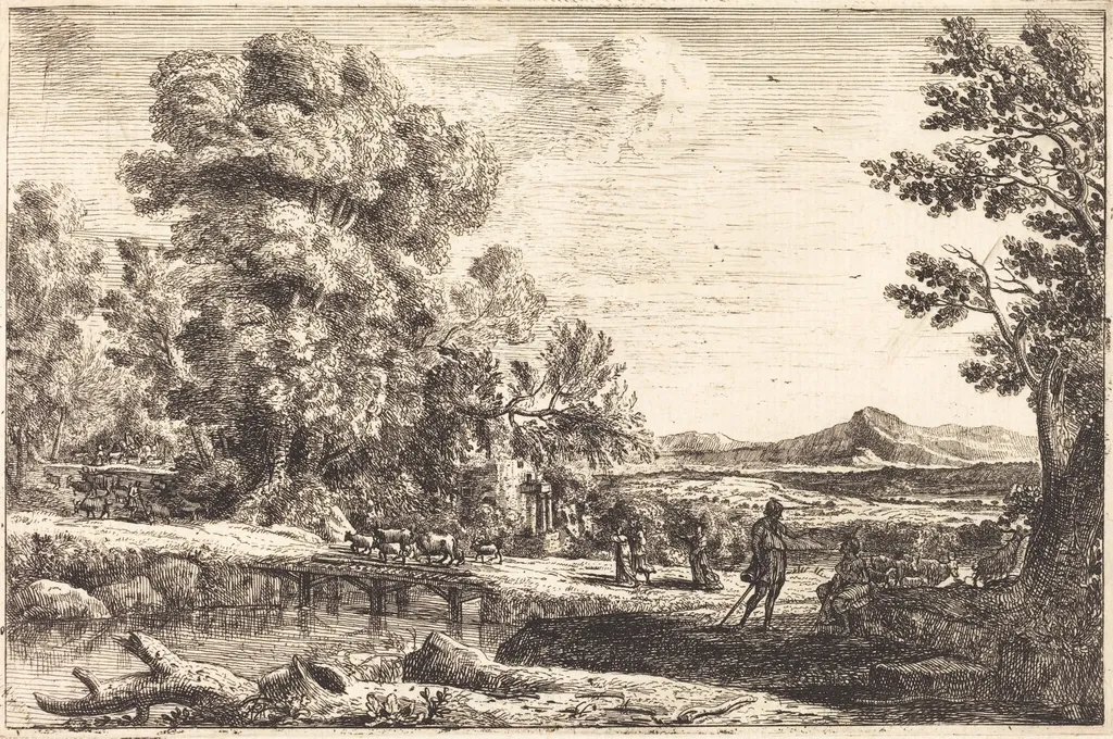 Rebecca and Eliezer (Le pont de bois), by Claude Lorrain, ink, 1640