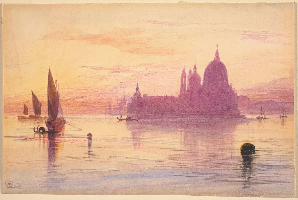 Santa Maria della Salute, Venice, at Sunset, by Edward Lear, gouache, 1874