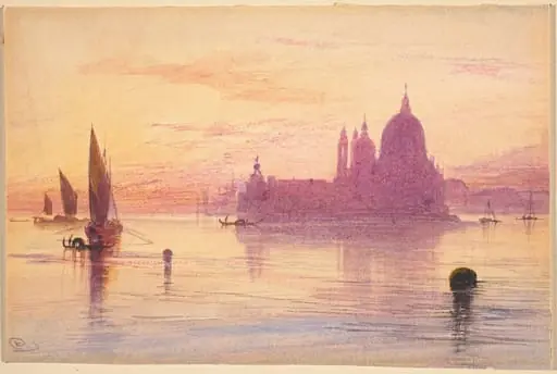 Santa Maria della Salute, Venice, at Sunset, by Edward Lear, gouache, 1874
