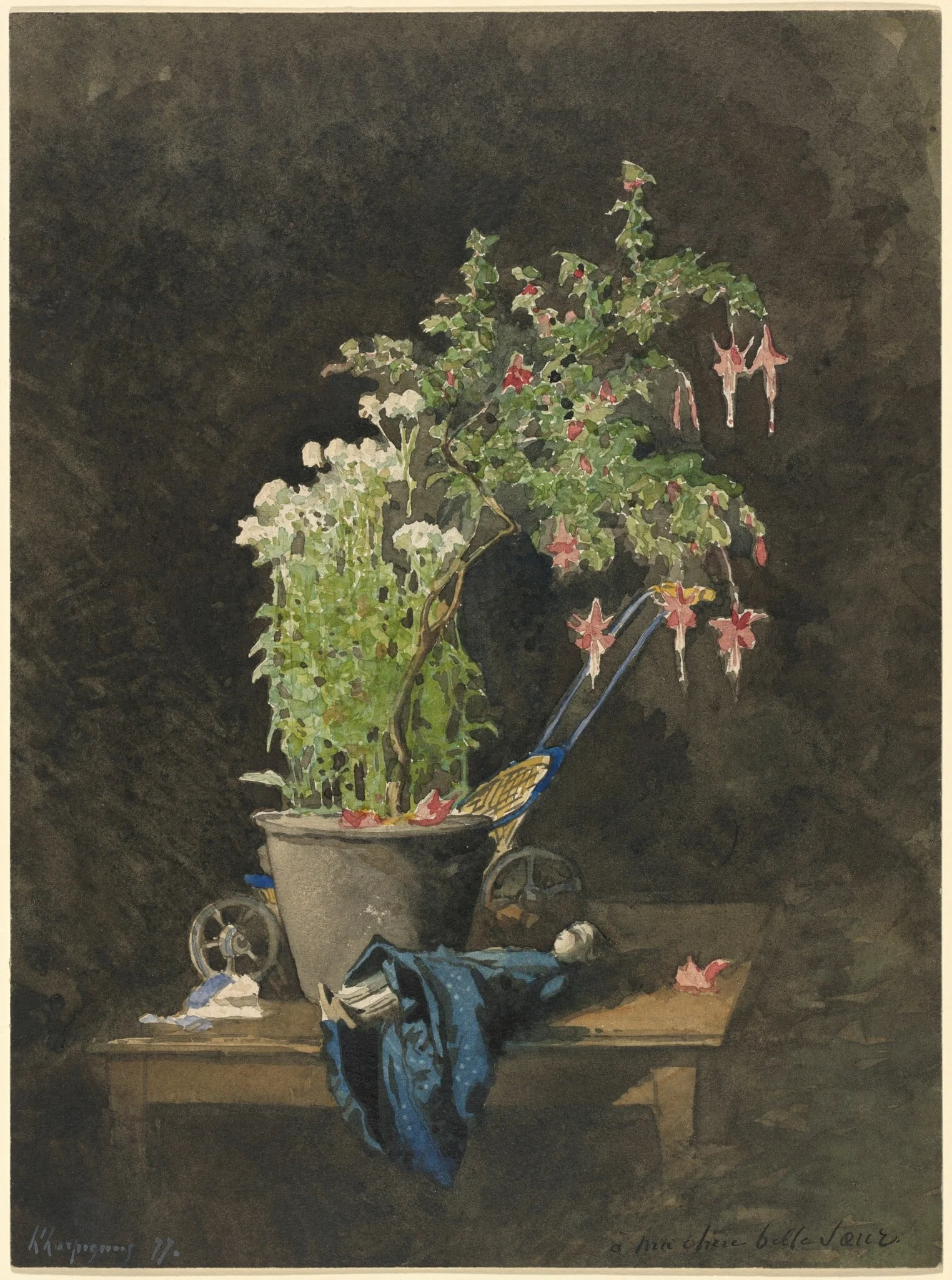 A Potted Fuchsia with Children's Toys, detail