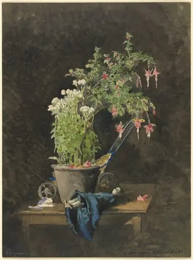 A Potted Fuchsia with Children's Toys, by Henri-Joseph Harpignies, watercolor, 1877